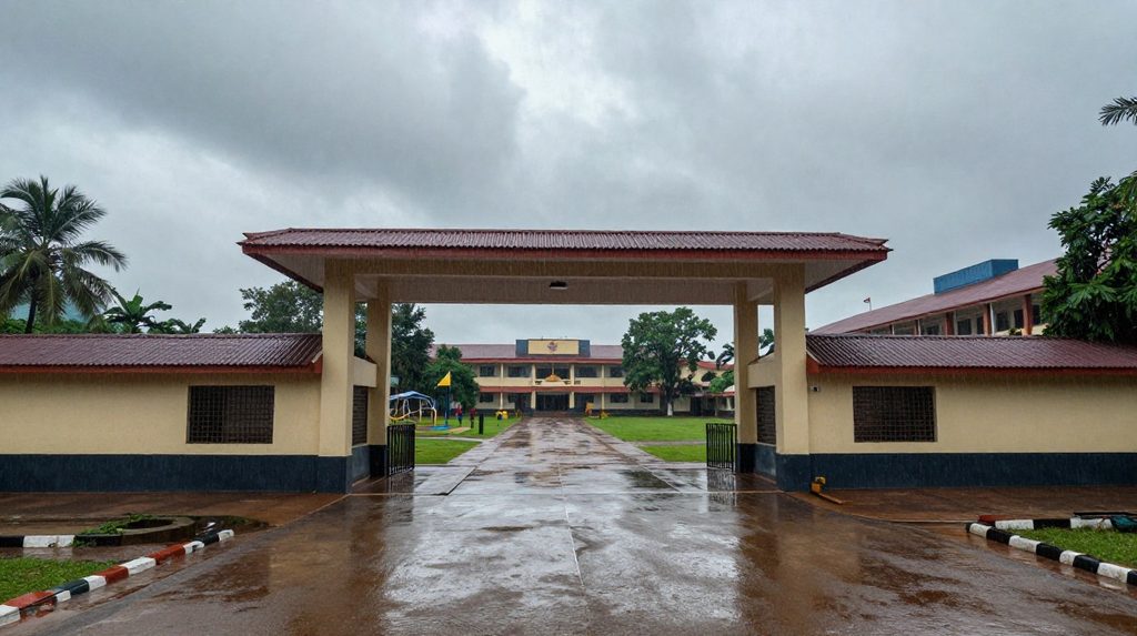ಕರ್ನಾಟಕದಲ್ಲಿ ಭಾರಿ ಮಳೆಯ ನಡುವೆ ಶಾಲಾ ಕಟ್ಟಡ ಮತ್ತು ಒದ್ದೆಯಾದ ರಸ್ತೆ.