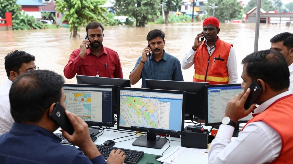 ಪ್ರವಾಹದ ಸಂದರ್ಭದಲ್ಲಿ ಅಧಿಕಾರಿಗಳು ತುರ್ತು ಮಾಹಿತಿಯನ್ನು ಸಂಯೋಜಿಸುತ್ತಿರುವ ದೃಶ್ಯ