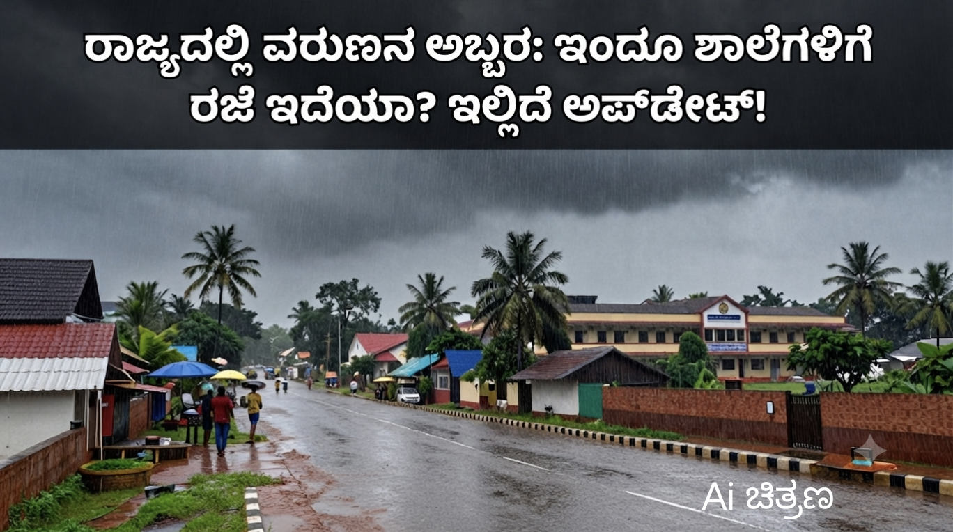 ಕರ್ನಾಟಕದಲ್ಲಿ ಭಾರಿ ಮಳೆಯ ನಡುವೆ ಶಾಲಾ ಕಟ್ಟಡ ಮತ್ತು ಒದ್ದೆಯಾದ ರಸ್ತೆ.