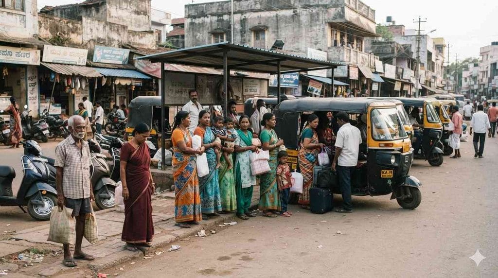Commuters standing near an auto-rickshaw stand in a town.